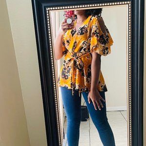 Black and Orange Kimono Style Belted Top  - Cold shoulder